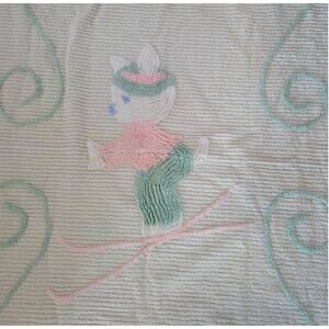Vtg Chenille Baby Lap Blanket White Skiing Bunny Crib Nursery Pink 39x64